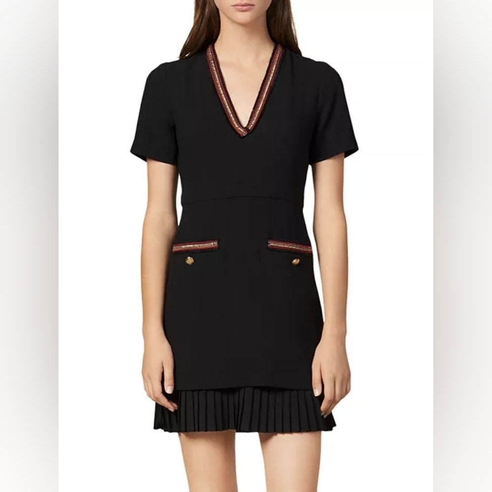 Sandro Orna Metallic-trim Pleated-hem V-neck Crepe Dress In Black, Size 38